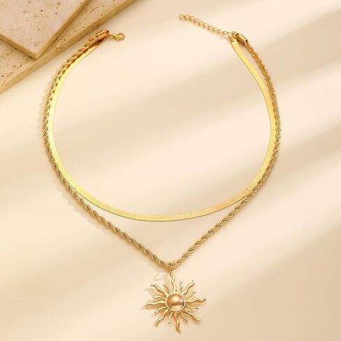 Sun Necklace for Women 14K Gold Silver Plated Layered Charm Necklace Double Chain Charm Pendant Necklaces Trendy Daily Wear Statement Jewelry Gift in Saudi Arabia