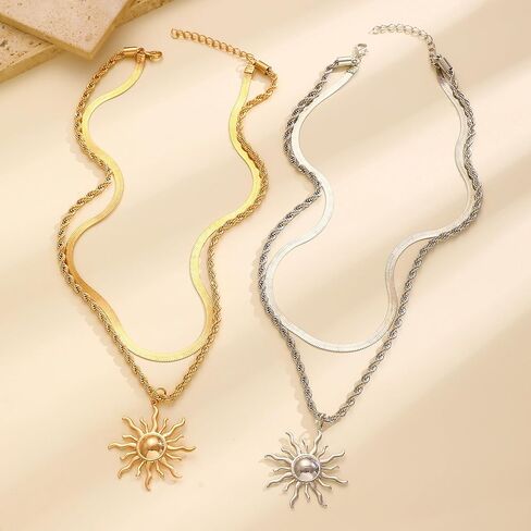 Sun Necklace for Women 14K Gold Silver Plated Layered Charm Necklace Double Chain Charm Pendant Necklaces Trendy Daily Wear Statement Jewelry Gift in Saudi Arabia