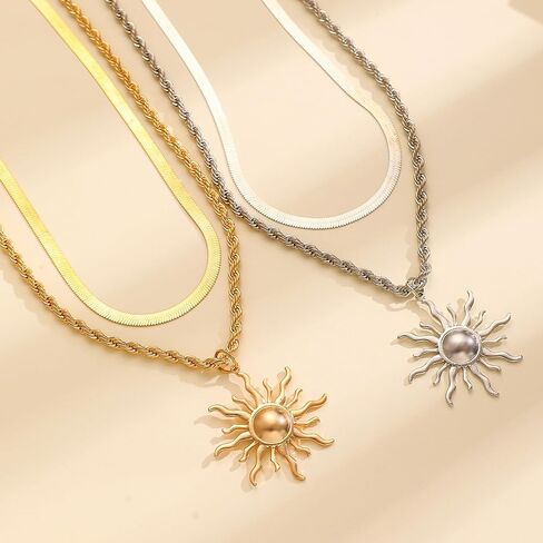 Sun Necklace for Women 14K Gold Silver Plated Layered Charm Necklace Double Chain Charm Pendant Necklaces Trendy Daily Wear Statement Jewelry Gift in Saudi Arabia