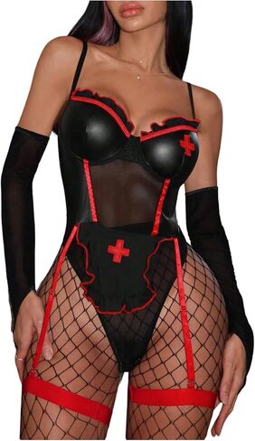 WDIRARA Women's 6 Piece Nurse Cosplay Garter Lingerie Set Mesh Sheer Bodysuit with Gloves and Stocking in Saudi Arabia