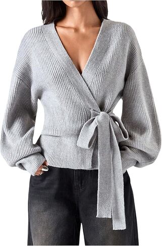 Verdusa Women's Fall Outfits Tie Knot Wrap Cardigan Lantern Knitted Sweater in Saudi Arabia