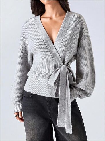 Verdusa Women's Fall Outfits Tie Knot Wrap Cardigan Lantern Knitted Sweater in Saudi Arabia
