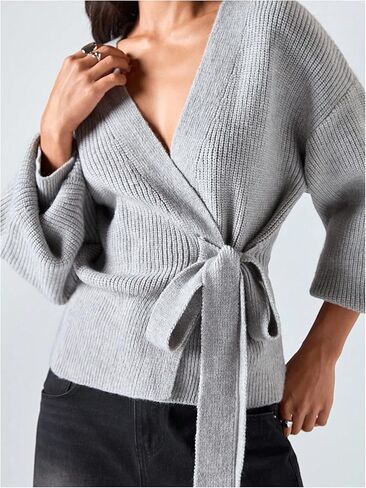Verdusa Women's Fall Outfits Tie Knot Wrap Cardigan Lantern Knitted Sweater in Saudi Arabia