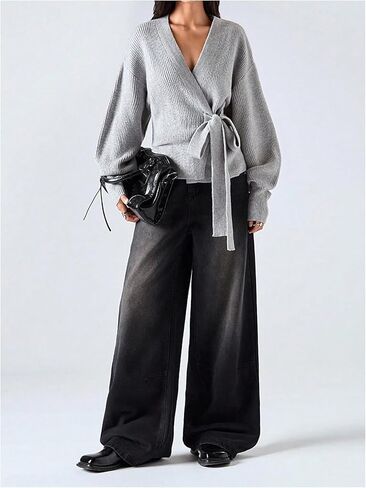 Verdusa Women's Fall Outfits Tie Knot Wrap Cardigan Lantern Knitted Sweater in Saudi Arabia