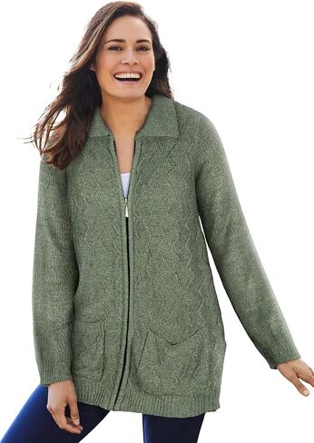 Woman Within Plus Size Marled Zip-Front Cable Knit Cardigan Sweater in Saudi Arabia