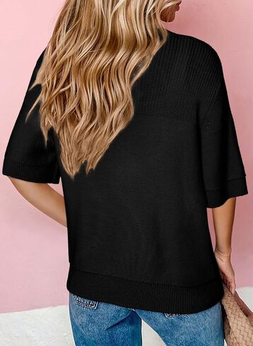 Fall Short Sleeve Sweater Cardigans Solid Round Neck Buttoned Black Casual Top in Saudi Arabia