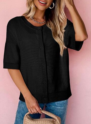 Fall Short Sleeve Sweater Cardigans Solid Round Neck Buttoned Black Casual Top in Saudi Arabia