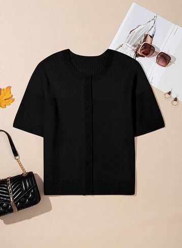 Fall Short Sleeve Sweater Cardigans Solid Round Neck Buttoned Black Casual Top in Saudi Arabia