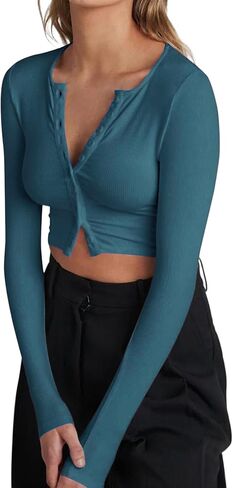CARPLSU Womens Long Sleeve Crop Tops Button Down Shirt Rib-Knit Slim Fitted Shirts Vneck T Shirt in Saudi Arabia