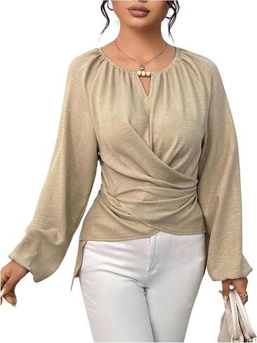 SweatyRocks Women's Plus Size Twist Front Long Sleeve Blouses Casual Wrap Asymmetrical Top in Saudi Arabia