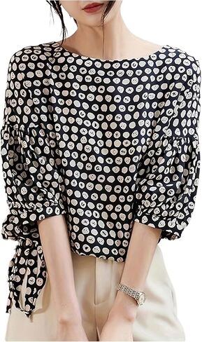 GORGLITTER Women's Polka Dots Bow Blouse Tops Puff Sleeve Crew Neck Dressy Loose Shirt in Saudi Arabia