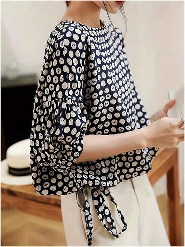 GORGLITTER Women's Polka Dots Bow Blouse Tops Puff Sleeve Crew Neck Dressy Loose Shirt in Saudi Arabia