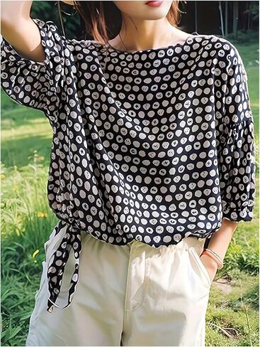 GORGLITTER Women's Polka Dots Bow Blouse Tops Puff Sleeve Crew Neck Dressy Loose Shirt in Saudi Arabia