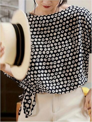 GORGLITTER Women's Polka Dots Bow Blouse Tops Puff Sleeve Crew Neck Dressy Loose Shirt in Saudi Arabia