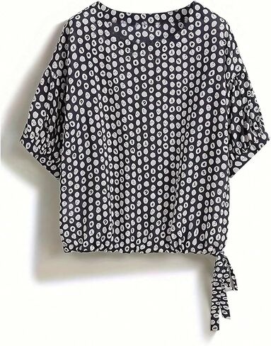 GORGLITTER Women's Polka Dots Bow Blouse Tops Puff Sleeve Crew Neck Dressy Loose Shirt in Saudi Arabia