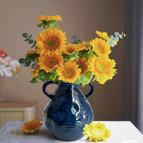 LIFFY Blue Ceramic Vase for Flowers, 6.3 Inch Tall Modern Farmhouse Centerpiece with Double Handles, Vintage Rustic Decorative Vases Home Table Decor (Navy Blue) in Saudi Arabia