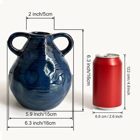 LIFFY Blue Ceramic Vase for Flowers, 6.3 Inch Tall Modern Farmhouse Centerpiece with Double Handles, Vintage Rustic Decorative Vases Home Table Decor (Navy Blue) in Saudi Arabia
