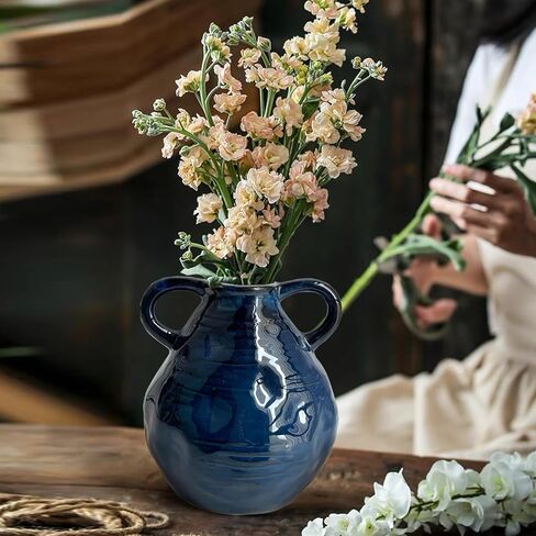 LIFFY Blue Ceramic Vase for Flowers, 6.3 Inch Tall Modern Farmhouse Centerpiece with Double Handles, Vintage Rustic Decorative Vases Home Table Decor (Navy Blue) in Saudi Arabia