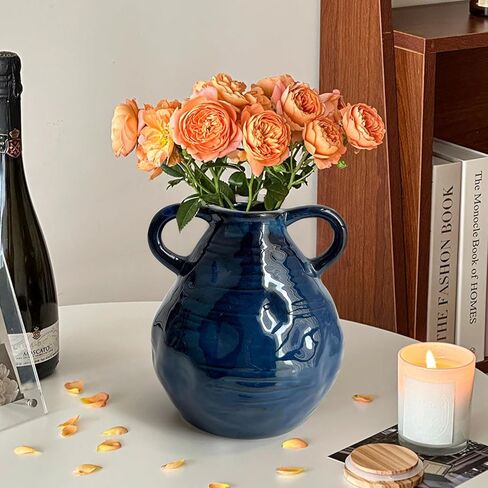 LIFFY Blue Ceramic Vase for Flowers, 6.3 Inch Tall Modern Farmhouse Centerpiece with Double Handles, Vintage Rustic Decorative Vases Home Table Decor (Navy Blue) in Saudi Arabia