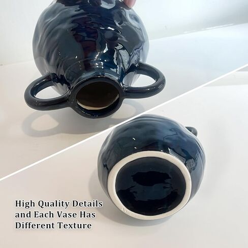 LIFFY Blue Ceramic Vase for Flowers, 6.3 Inch Tall Modern Farmhouse Centerpiece with Double Handles, Vintage Rustic Decorative Vases Home Table Decor (Navy Blue) in Saudi Arabia