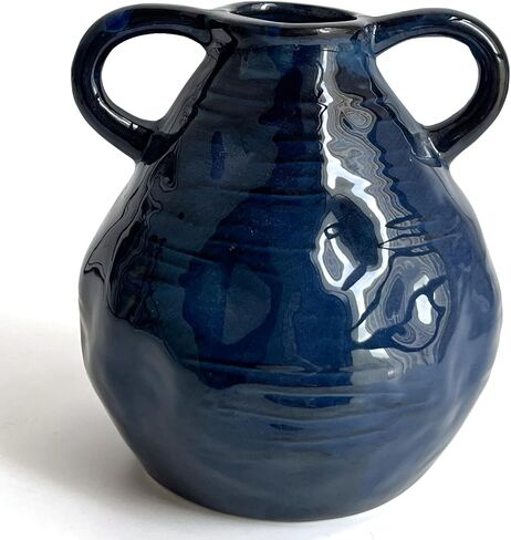 LIFFY Blue Ceramic Vase for Flowers, 6.3 Inch Tall Modern Farmhouse Centerpiece with Double Handles, Vintage Rustic Decorative Vases Home Table Decor (Navy Blue) in Saudi Arabia