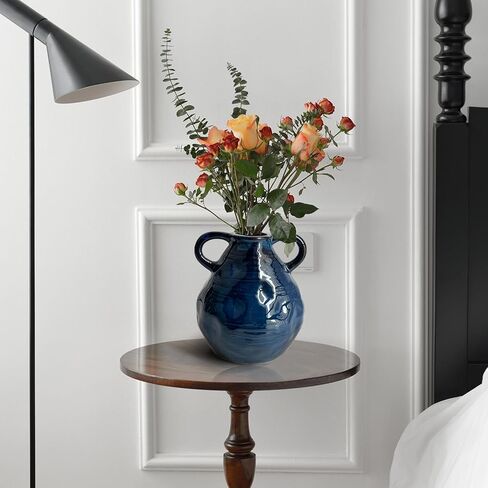 LIFFY Blue Ceramic Vase for Flowers, 6.3 Inch Tall Modern Farmhouse Centerpiece with Double Handles, Vintage Rustic Decorative Vases Home Table Decor (Navy Blue) in Saudi Arabia