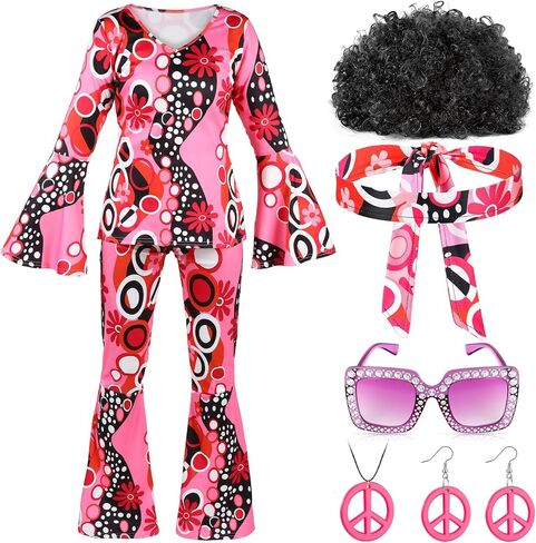 Shihanee 7 Pcs Women 70s Hippie Costume Accessories Disco Outfits Earring Necklace Headband Wig Glasses in Saudi Arabia