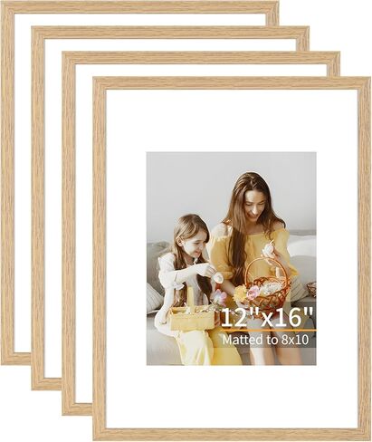 12x16 Picture Frame Set of 4, Displays 8x10 with Mat or 12x16 Without Mat, Photo Frames for Wall Hanging or Tabletop, Includes HD Plexiglass, Light Wood Grain in Saudi Arabia