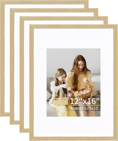 12x16 Picture Frame Set of 4, Displays 8x10 with Mat or 12x16 Without Mat, Photo Frames for Wall Hanging or Tabletop, Includes HD Plexiglass, Light Wood Grain in Saudi Arabia