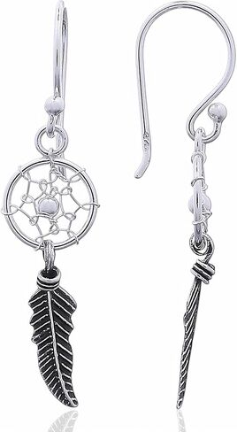 Silver Dream Catcher Earrings - Hanging with Feather - 925 Sterling Silver - Earring Indian - Gift Box in Saudi Arabia