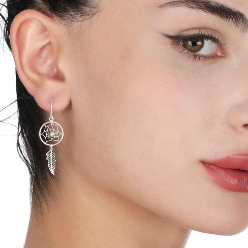 Silver Dream Catcher Earrings - Hanging with Feather - 925 Sterling Silver - Earring Indian - Gift Box in Saudi Arabia
