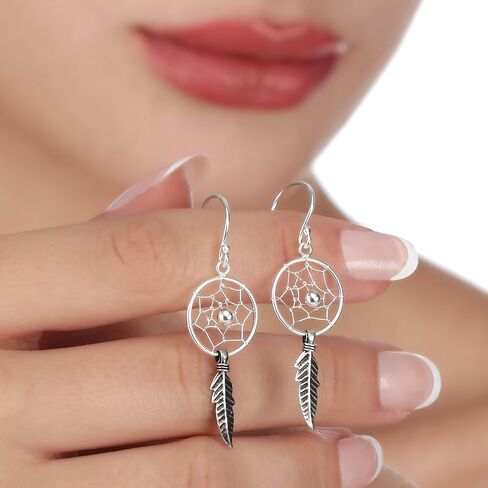 Silver Dream Catcher Earrings - Hanging with Feather - 925 Sterling Silver - Earring Indian - Gift Box in Saudi Arabia