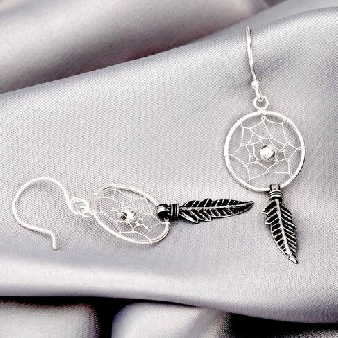 Silver Dream Catcher Earrings - Hanging with Feather - 925 Sterling Silver - Earring Indian - Gift Box in Saudi Arabia