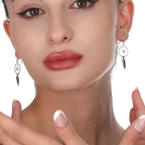 Silver Dream Catcher Earrings - Hanging with Feather - 925 Sterling Silver - Earring Indian - Gift Box in Saudi Arabia