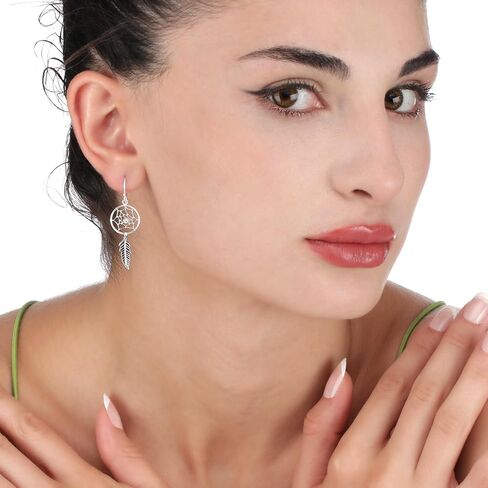 Silver Dream Catcher Earrings - Hanging with Feather - 925 Sterling Silver - Earring Indian - Gift Box in Saudi Arabia