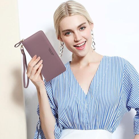 Women's Wristlet Clutch Wallet - Large PU Ladies Purse with Detachable Wrist Strap, Stylish Long Daily Use Womens Clutch Bag(Pink) in Saudi Arabia