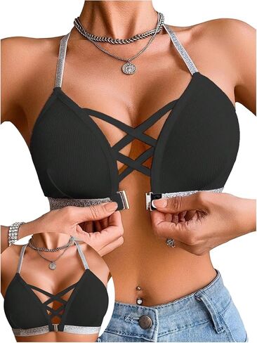 OYOANGLE Women's Front Closure Wireless Bra Metallic Sparkly Strap Criss Cross Y Back Halter Bras in Saudi Arabia