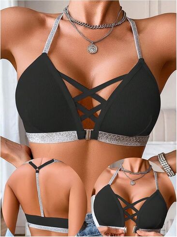 OYOANGLE Women's Front Closure Wireless Bra Metallic Sparkly Strap Criss Cross Y Back Halter Bras in Saudi Arabia