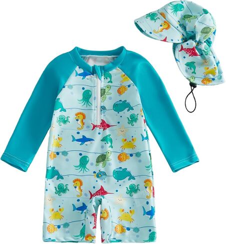 Nyapruwe Baby/Toddler Boys One Piece Swimsuit Summer Long Sleeve Zipper Bathing Suit Infant Beach Rash Guard Swimwear in Kuwait