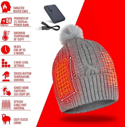 ActionHeat 5V بطارية مسخنة بكابل قبعة - قبعة شتوية قابلة للشحن - تسخين يصل إلى 150 درجة فهرنهايت - 5 ساعات رمادي in Saudi Arabia