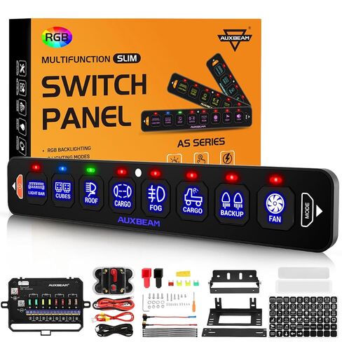 لوحة مفاتيح Auxbeam 6 Gang Slim Switch Panel RGB AS-R60 لوحة تبديل خافتة أوتوماتيكية مع مفتاح تبديل LED نابض مؤقت وإضاءة خلفية 12-24 فولت لشاحنة الطرق الوعرة وقارب السيارة مقاوم للماء، ضمان لمدة عامين in Kuwait