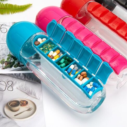600Ml Water Bottle with Pillbox Plastic Drink Bottle with Medicine Pills Box Travel 7 Days Drug Organizer Drinking Container (Black) in Saudi Arabia
