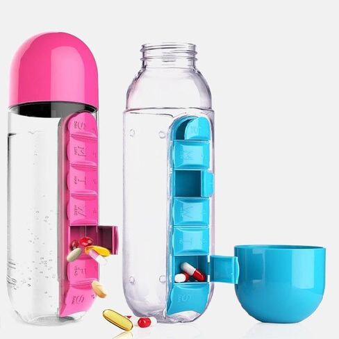 600Ml Water Bottle with Pillbox Plastic Drink Bottle with Medicine Pills Box Travel 7 Days Drug Organizer Drinking Container (Black) in Saudi Arabia