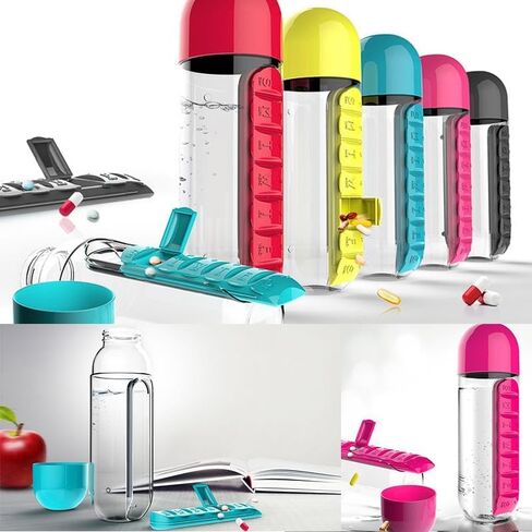 600Ml Water Bottle with Pillbox Plastic Drink Bottle with Medicine Pills Box Travel 7 Days Drug Organizer Drinking Container (Black) in Saudi Arabia
