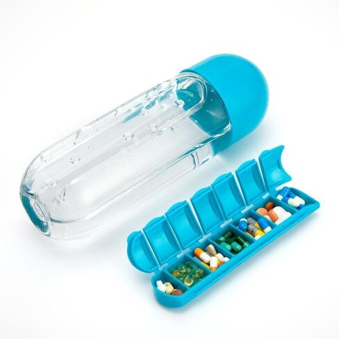 600Ml Water Bottle with Pillbox Plastic Drink Bottle with Medicine Pills Box Travel 7 Days Drug Organizer Drinking Container (Black) in Saudi Arabia