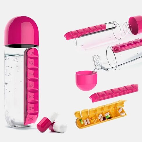 600Ml Water Bottle with Pillbox Plastic Drink Bottle with Medicine Pills Box Travel 7 Days Drug Organizer Drinking Container (Black) in Saudi Arabia