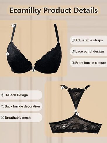 Pure Floral Lace Underwire Bra, Portable Front Buckle Design, Comfortable Push-Up Bra Black in Saudi Arabia