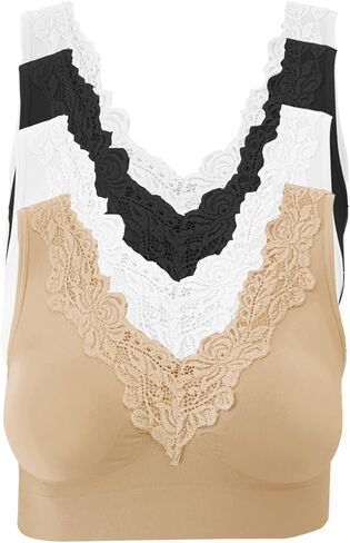 4 Pack Women’s Seamless Wireless Lace Inset Trim Unpadded Comfort Bra in Saudi Arabia