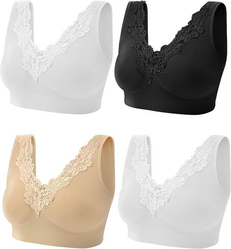4 Pack Women’s Seamless Wireless Lace Inset Trim Unpadded Comfort Bra in Saudi Arabia