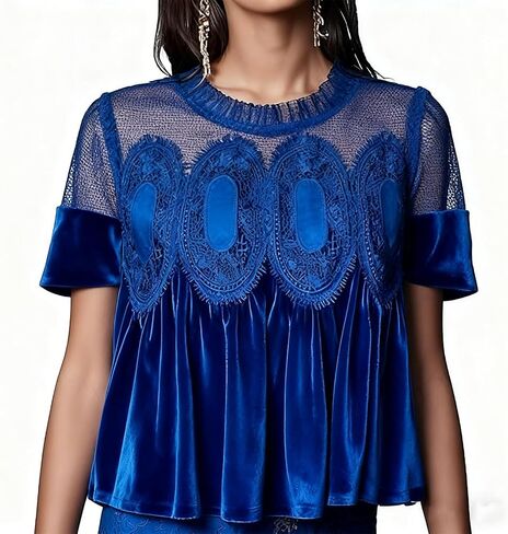 Women's Velvet Lace Blouses Short Sleeve Elegant Velour Tops Vintage Round Neck Flared Swing Mesh Shirt Tops in Saudi Arabia